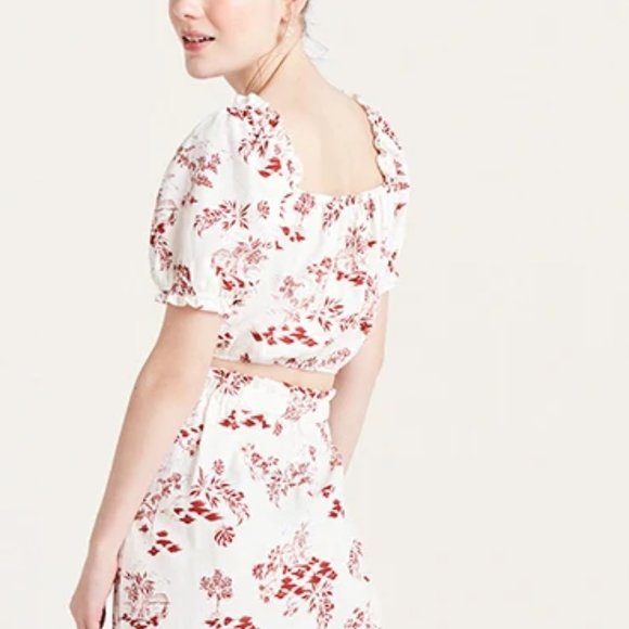 Red and White Scenic Jasmine Linen Blend Crop Top - Picture 3 of 8